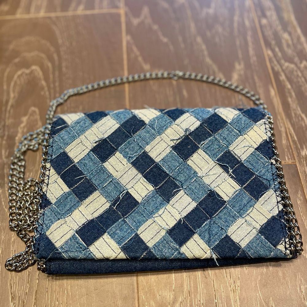 Blue Distressed Denim Patchwork Crossbody / Clutch  Removable Silver Chain Rodeo